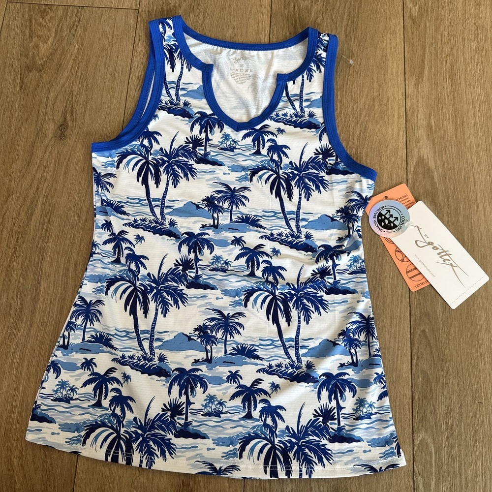 X by‎ Gottex Blue and White Tropical Print Moisture Wicking Active Tank XS